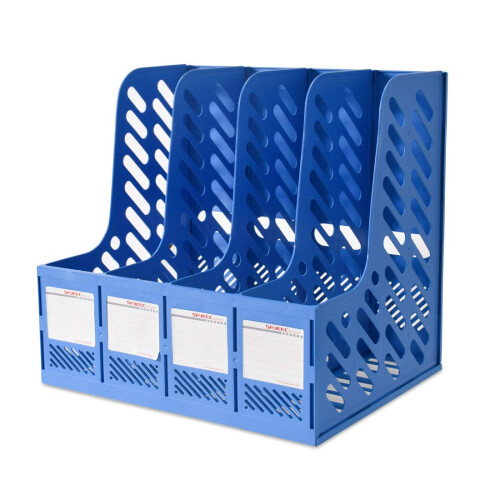 4 Section File Organizer for A4 Documents, Vertical Desk Magazine Holder, Durable Blue Plastic Storage