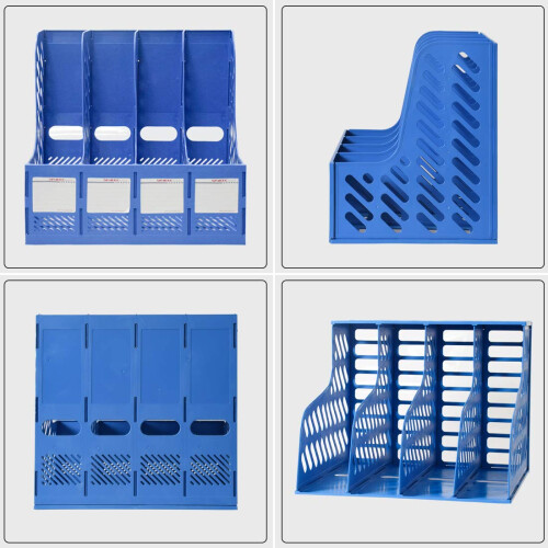 4 Section File Organizer for A4 Documents, Vertical Desk Magazine Holder, Durable Blue Plastic Storage 2