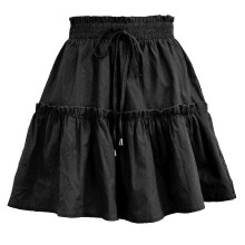 (L, Black) Women Drawstring High Waist Mini Pleated Skirt Solid Color Ruffle Hem Streetwear Yellow XL