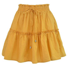 (M, Yellow) Women Drawstring High Waist Mini Pleated Skirt Solid Color Ruffle Hem Streetwear Yellow XL
