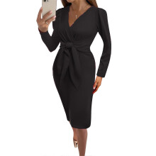 (L, Black) Sexy Women Dress Casual High Waist Tight-fitting Solid Color Mid-length Dress Long Sleeve V-neck Skirt for Office Daily Burgundy XL