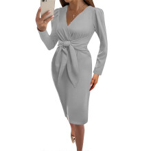 (L, Gray) Sexy Women Dress Casual High Waist Tight-fitting Solid Color Mid-length Dress Long Sleeve V-neck Skirt for Office Daily Burgundy XL