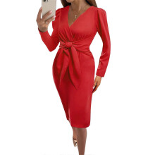 (XXL, Burgundy) Sexy Women Dress Casual High Waist Tight-fitting Solid Color Mid-length Dress Long Sleeve V-neck Skirt for Office Daily Burgundy XL