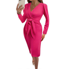 (XL, rose red) Sexy Women Dress Casual High Waist Tight-fitting Solid Color Mid-length Dress Long Sleeve V-neck Skirt for Office Daily Burgundy XL