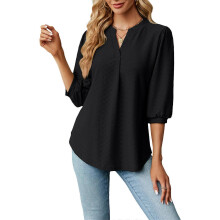 (S, Black) Comfortable and Chic Eyelet Tops 3/4 Sleeve V Neck Blouses Womens Casual Summer Solid Color Loose Shirts Tees Burgundy XL