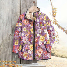 (4XL, 31) Women's sweatshirt with stand-up collar, padded design, floral pattern, 6-button details, warm winter blouse
