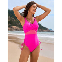 (S, B) Mesh Detail One-Piece  Adjustable Drawstring Swimsuit with Ruched Waist