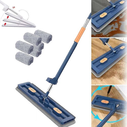 Flat Mop 360 Degree Rotating Self Wringing System with Washable Microfiber Pads and Long Handle