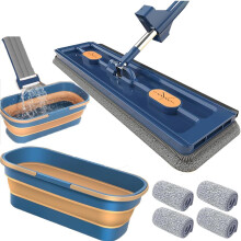 Flat Mop and Bucket Set Self Wringing Floor Mop 360 Rotating Microfiber Large Mop for Wet and Dry Cleaning Blue