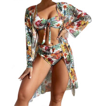 (M, White) Spaghetti Strap Bikinis Swimwear for Women 3 Pieces Split Swimsuit Female Floral Print Bathing Suit with Kimono Cover Up Yellow XL