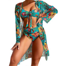 (S, Lake Blue) Spaghetti Strap Bikinis Swimwear for Women 3 Pieces Split Swimsuit Female Floral Print Bathing Suit with Kimono Cover Up Yellow XL