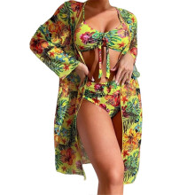 (L, Yellow) Spaghetti Strap Bikinis Swimwear for Women 3 Pieces Split Swimsuit Female Floral Print Bathing Suit with Kimono Cover Up Yellow XL