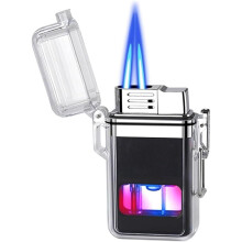 Windproof Butane Lighter Dual Flame Torch, Refillable Metal, Waterproof Design with LED Light for Camping BBQ