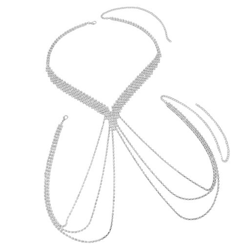 Chaîne de corps à franges multicouches avec strass en-Argent