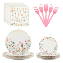 Disposable Party Tableware Set for 24 Guests, Elegant Floral Paper Plates and Napkins for Wedding Baby Shower Spring Party