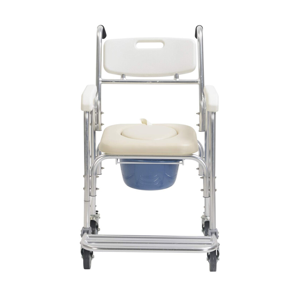 Bedside Commode Chair with Wheels, Foldable Shower Toilet Chair for Seniors, Padded Seat and Footrest