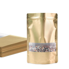 100 Pcs Smell Proof Resealable Mylar Bags with Clear Window, Stand Up Foil Pouches for Food Storage (Gold, 4.7 x 7.9)