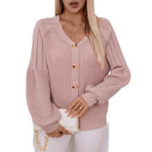 (S, Pink) Fashion Women Simple Solid Color Knitted Cardigan Lantern Long Sleeve V Neck Button Down Loose Sweater Coat Outerwear Pink XL