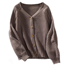 (M, Khaki) Fashion Women Simple Solid Color Knitted Cardigan Lantern Long Sleeve V Neck Button Down Loose Sweater Coat Outerwear Pink XL