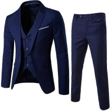 (4XL, Navy blue) Men's 3 Piece Slim Fit Suit Set One Button Solid Jacket Vest Pants Business Set
