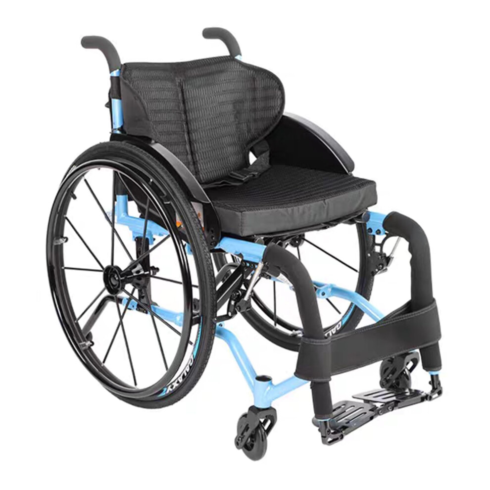 Blue Lightweight Folding Sports Wheelchair For Adults, Aluminum Manual Chair With Handbrakes And Antitipper, 36Cm