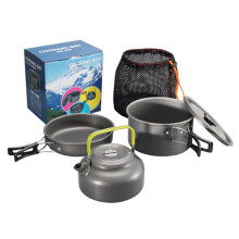 Camping Cookware Set for 2–3 Persons, Hard Anodized Aluminum Pots and Teapot with Quick Even Heating, Foldable Handles, Compact Outdoor Cooking Gear