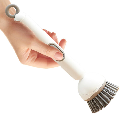 Dish Scrub Brush with 360 Rotating Head, Non Scratch Refillable Soap Dispenser, Long Handle Kitchen Cleaner