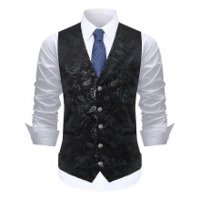 (2XL, Black) Allthemen Mens V-Neck Printed Business Casual Gold Silver Suit Vest