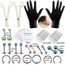 (rainbow, 10mm) 14G 16G Body Piercing Tool Kit Disposable Professional Body Piercing Needles Clamp Pliers Gloves Tools Ear Nose Navel Piercing