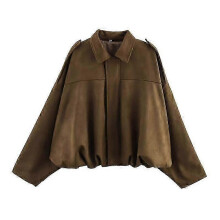 (L, Khaki) Women'S Suede Texture Effect Loose Version Of Fashion Lapel Shoulder Bomber Jacket - DSW