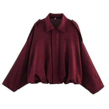 (M, Burgundy) Women'S Suede Texture Effect Loose Version Of Fashion Lapel Shoulder Bomber Jacket - DSW