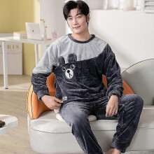 (L, FM Dark Grey) Autumn Winter Pajama Sets Pyjamas Women Cartoon Cute Home Wear Men Pijama Clothes Flannel Sleepwear Panda Couple Loungwear Pjs