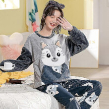 (L, DW Dark Blue) Autumn Winter Pajama Sets Pyjamas Women Cartoon Cute Home Wear Men Pijama Clothes Flannel Sleepwear Panda Couple Loungwear Pjs