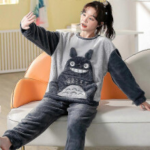 (XL, KW Grey) Autumn Winter Pajama Sets Pyjamas Women Cartoon Cute Home Wear Men Pijama Clothes Flannel Sleepwear Panda Couple Loungwear Pjs