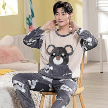 (XL, HM Grey Blue) Autumn Winter Pajama Sets Pyjamas Women Cartoon Cute Home Wear Men Pijama Clothes Flannel Sleepwear Panda Couple Loungwear Pjs