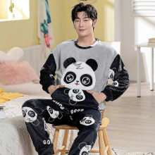 (L, GM Grey Black) Autumn Winter Pajama Sets Pyjamas Women Cartoon Cute Home Wear Men Pijama Clothes Flannel Sleepwear Panda Couple Loungwear Pjs