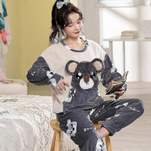 (XL, HW Grey Blue) Autumn Winter Pajama Sets Pyjamas Women Cartoon Cute Home Wear Men Pijama Clothes Flannel Sleepwear Panda Couple Loungwear Pjs