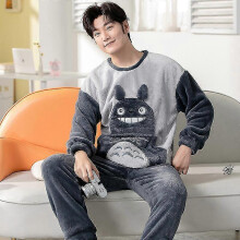 (XL, KM Grey) Autumn Winter Pajama Sets Pyjamas Women Cartoon Cute Home Wear Men Pijama Clothes Flannel Sleepwear Panda Couple Loungwear Pjs