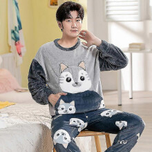 (L, DM Dark Blue) Autumn Winter Pajama Sets Pyjamas Women Cartoon Cute Home Wear Men Pijama Clothes Flannel Sleepwear Panda Couple Loungwear Pjs