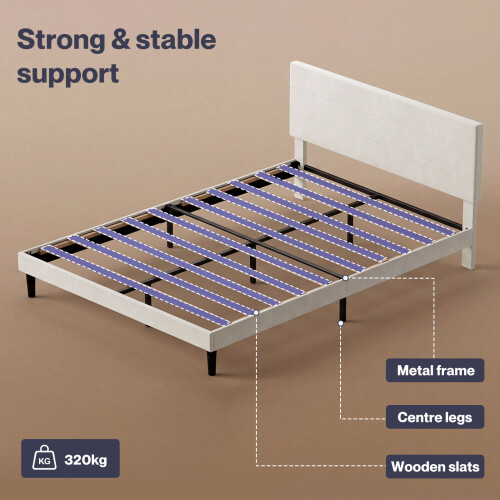 Levede Double Bed Frame with Upholstered Headboard Velvet Foam White Fabric 2