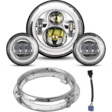 (halo silver set) 7 Inch LED Headlight with 4.5 Inch Fog Lamps for Harley Davidson Electra Glide Softail Fat Boy Touring Motorcycle
