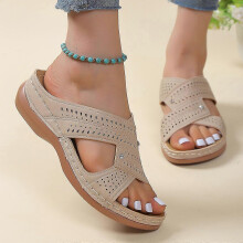 (37, khaki) Summer fashion slippers, women's hollow out set shoes, casual wedge heel sandals, oversized beach women's shoes