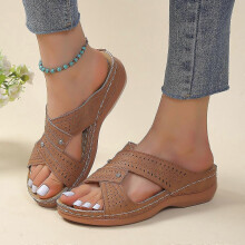 (39, Light brown) Summer fashion slippers, women's hollow out set shoes, casual wedge heel sandals, oversized beach women's shoes