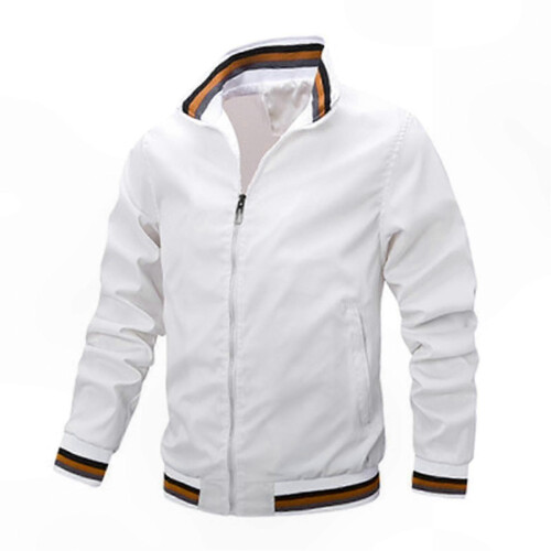 (M, White) Men's Lightweight Bomber Jacket Windbreaker Active Coat with Full Zip and Standing Collar for Spring Fall - DSW