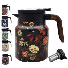 (C) Vintage Floral Tea Thermos with Built-In Infuser, 1000ml Stainless Steel Thermal Carafe Tea Pot for Hot Drinks, Home & Office