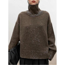(XXXL, brown) Turtleneck Pure Cashmere Sweater Female Loose And Thick Languid Lazy Wind Pullover Sweater Knitting Base Wool Sweater-xinhan