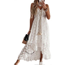 (S, White) Women's Maxi Dress Lace Dresses Boho Tassel V-Neck Flare Ruffle Adjustable Straps