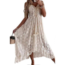 (XXL, Beige) Women's Maxi Dress Lace Dresses Boho Tassel V-Neck Flare Ruffle Adjustable Straps