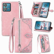 (Pink) Compatible For Motorola Edge 40 Neo 5G Case Zipper Wallet Leather Phone Cover Flower Imprinted