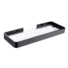 Tempered Glass Bathroom Shelf Wall Mounted Black Aluminum No‑Drilling Corrosion‑Resistant 45cm